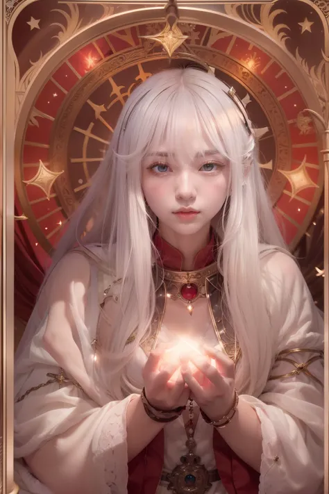 Mysterious woman doing tarot reading,Tarot Reading,cute  face,Blunt bangs, Straight hair, Shiny hair,Medieval mystery clothes,Mysterious fortune teller,Mysterious hermit,White Magician,magical lights,albino,Red Eyes,Red glowing eyes,Magical powers,