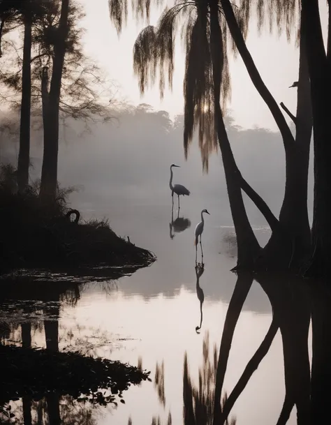 Lake surface，pines，banyan tree，inverted image，Fog，A white crane stands on the left side，Heads-up，Photographic works，high detal