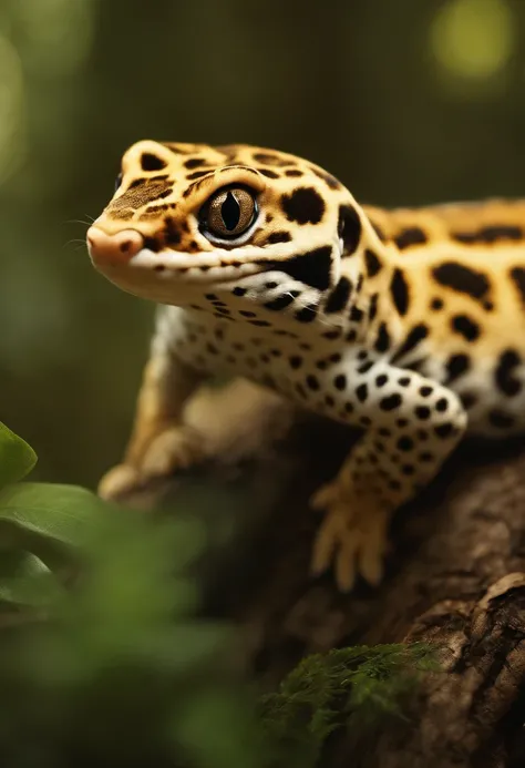 photorealistic, "smiling leopard gecko" in middle of the forest close to the tree, 8k realistic cinematik uhd 16:9 , Miki Asai Macro photography, close-up, hyper detailed, trending on artstation, sharp focus, studio photo, intricate details, highly detaile...