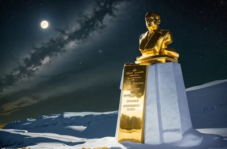 lenins statue made of solid 24 carat gold, glistening in the polar moonlight