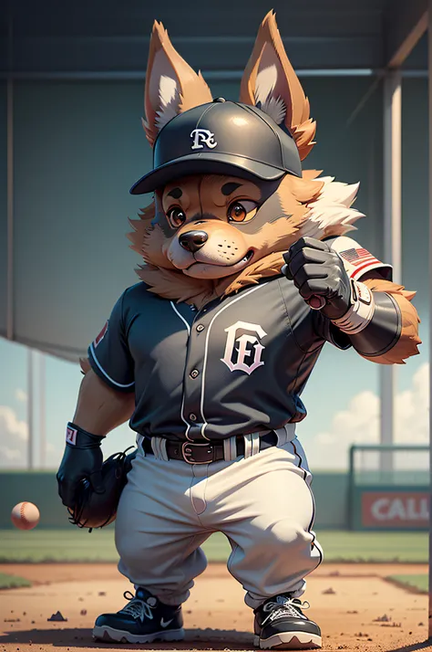 C4tt4stic, Cartoon Doberman dog of baseball player hitting in baseball uniform（The specifics of the appearance of Doberman dogs）