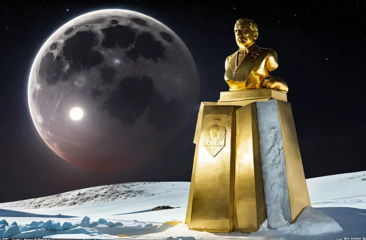 lenins statue made of solid 24 carat gold, glistening in the polar moonlight