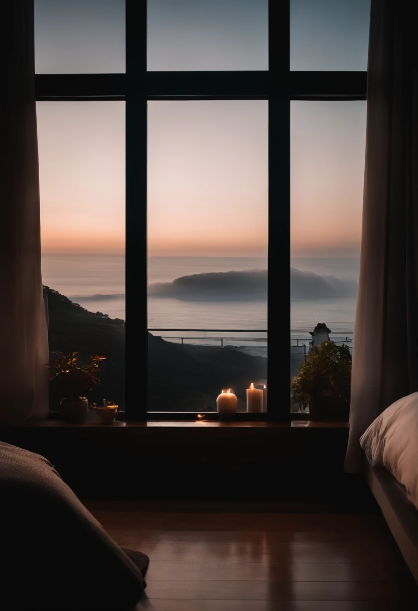 (masterpiece, bestquality),Bedroom with Ocean View,Outside the window,Its raining,Fog,Comfy bed.,Sea of clouds,warm,Evening lighting