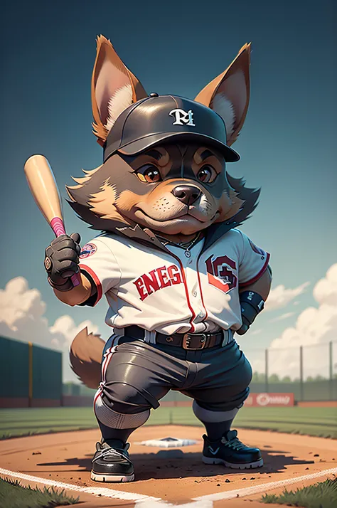 C4tt4stic, Cartoon Doberman dog of baseball player hitting in baseball uniform（The specifics of the appearance of Doberman dogs）