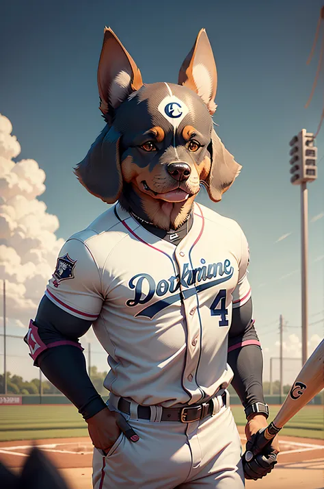 C4tt4stic, Cartoon Doberman dog of baseball player hitting in baseball uniform（The specifics of the appearance of Doberman dogs）