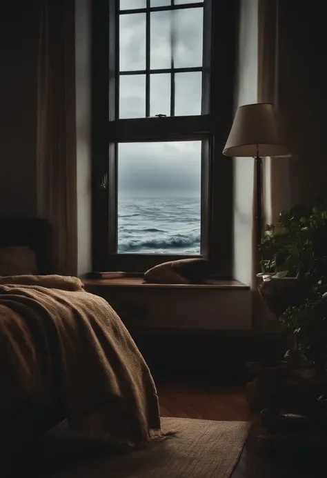 (masterpiece, bestquality),Bedroom with Ocean View,Outside the window,Its raining,Fog,Comfy bed.,Sea of clouds,warm