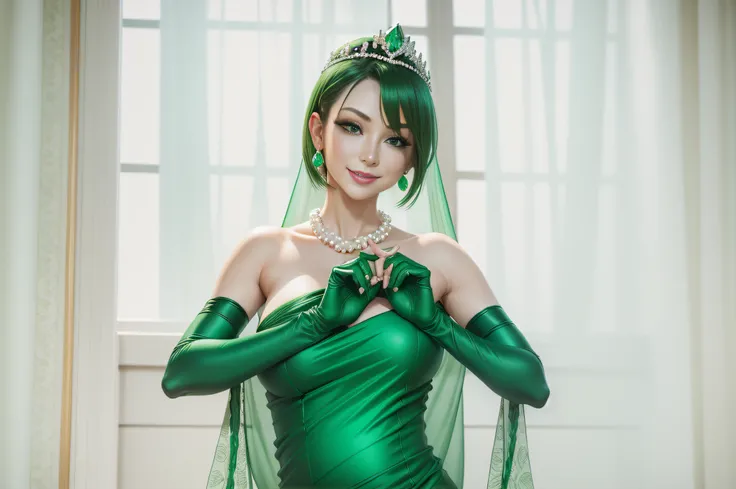 emerald tiara, Green Pearl Necklace, Boyish very short green hair, lipsticks, Japan woman smiling, very short short hair, big breasts beautiful, Green eyes, Long green gloves made of satin material, Green eyes, Emerald Earrings, Green dress, pregnant woman...