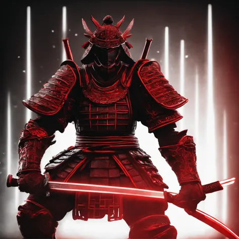 Metallic red and black samurai, marker, graphic lines, black background