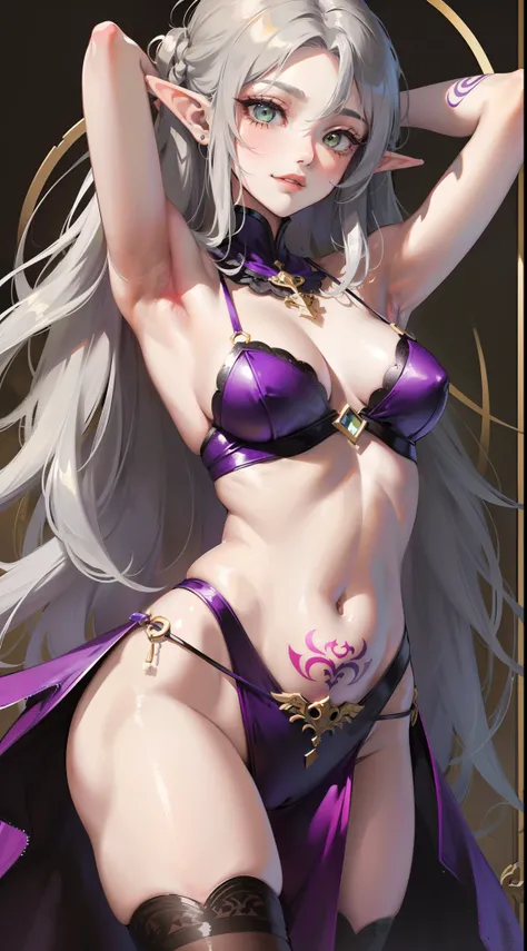 young girl, long gray hair, elf ears, Green eyes, smirk, tattoo, purple dress, Gold Elements, Sexy, Sleeveless, open breasts, flat chest, open belly, feet shoulder-width apart, hands behind head, Masterpiece, hiquality, 4k, HD, Good detail