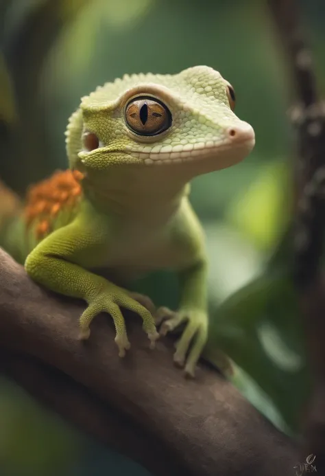 Little gecko，adolable，shaggy，cartoony，White hair。