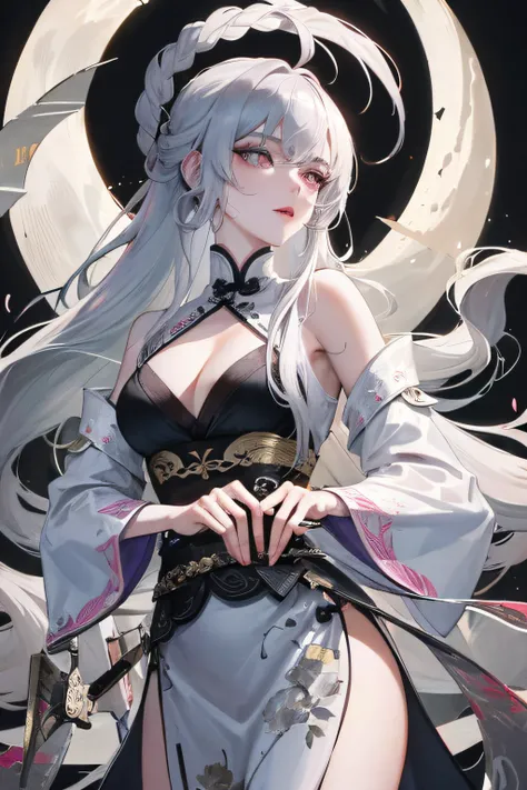 8K, Masterpiece, Best quality, Night, full moon, 1 girl, Chinese style, Chinese architecture, Mature woman, sister, Silver white long haired woman, Long hair, Light pink lips, calm, logical, bangs, Gray pupils, assassins, Fan, Knife fan, petal dancing, Del...