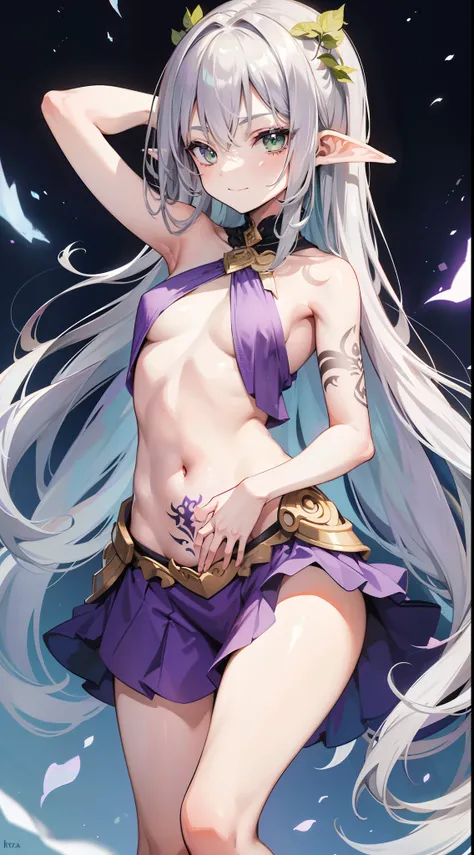 young girl, long gray hair, elf ears, Green eyes, smirk, tattoo, purple dress, Gold Elements, Sexy, Sleeveless, open breasts, flat chest, open belly, feet shoulder-width apart, hands behind head, Masterpiece, hiquality, 4k, HD, Good detail