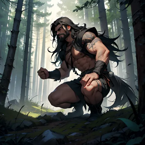 Musculous Viking Berserker. Dark Black Long Hair. Very Long Hair. Forest Background