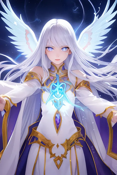 photorealistic photo, beautiful magical girl, tzeentch, outer god, chaos god, white fairy shirt with gold trim, white robe fluttering in the wind, long silver hair, fully clothed, perfect face, beautiful, (perfect composition: 1. 4), detailed face and body...