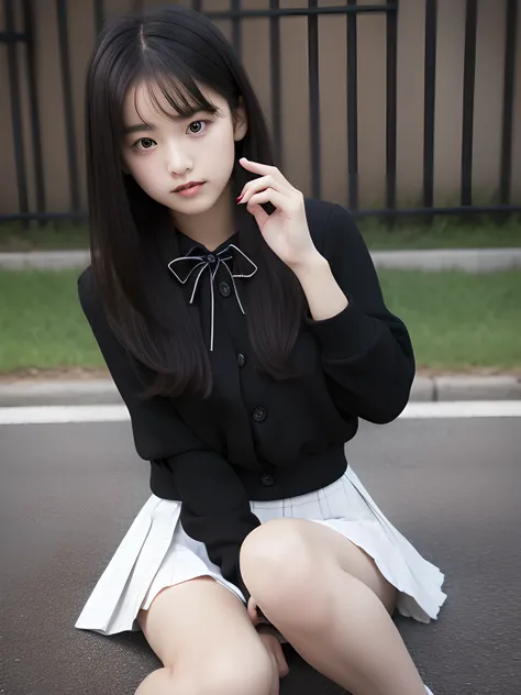 wariza，Sit up，Hands between legs，年轻，(Plaid white pleated skirt)，flat breast，Black ribbon at chest.....，Black blouse，parka，Pupils，teens girl，A dark-haired，delicate and petite body