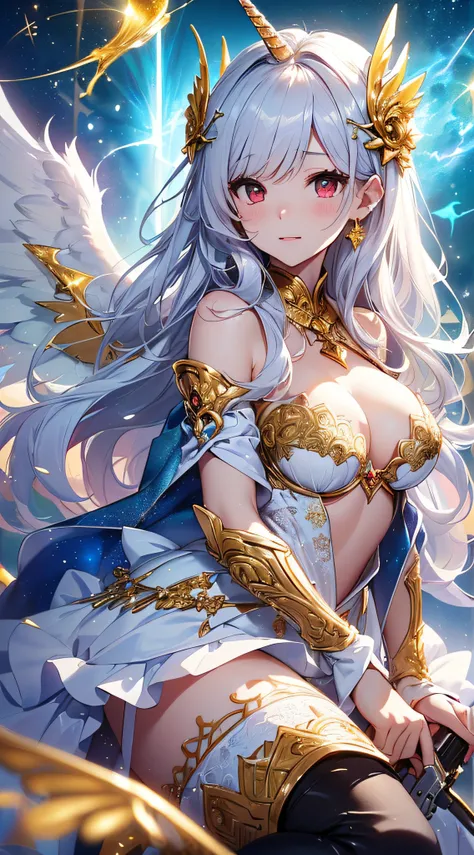 top-quality、Top image quality、​masterpiece、girl with((18year old、bright clothes、White bra、white dres、Gold Skirt、 Best Bust、Bust 90、Long silver hair、Red Eyes、open chest wide、Valley、Happiness、A slender、Angelic face、Aura of Light、Wings of the Universe、Angel B...