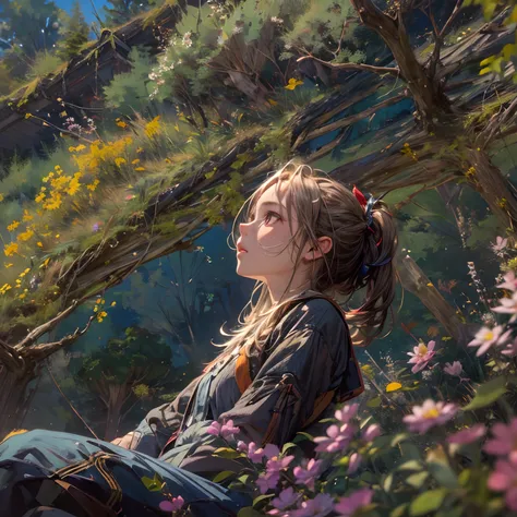 girl, sitting, side shot, (sky:1.3), (masterpiece, best quality, perspective, depth of field:1.5), flowers, rocky mountain, woods, beautiful face, thighs, from below, 8k, raw photo, absurdres, impressionism, (Tom Thomson, Claude Monet, Joaquín Sorolla, Jam...