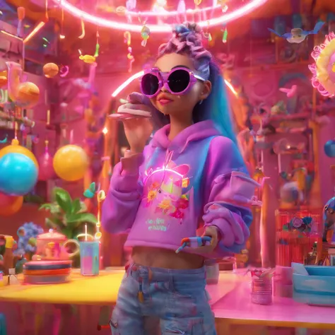 In a whimsical kawaii cafe, Kitten Fluffy, crafted from highly detailed curling, thin glowing multi-colored smoke, dons a rose flower hoodie and fancy funny stylish giant shiny sunglasses. Against a backdrop of vibrant neon typography spelling VIKUSIA, FAI...