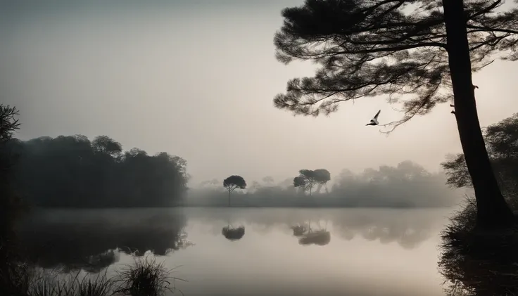 Lake surface，There are pine trees on the left and right，There are banyan trees on the left and right，inverted image，Heavy fog，A white crane stands on one side，Heads-up，Photographic works，high detal