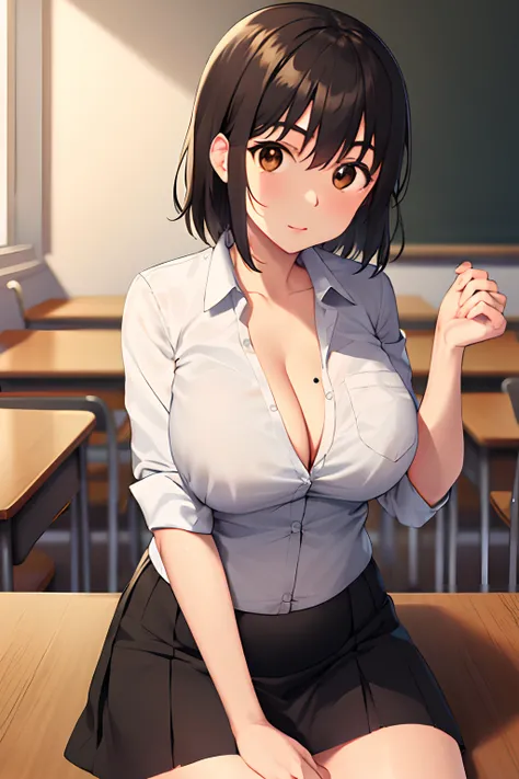 Fuka Ayase、masutepiece, Best Quality, Cleavage breasts、Unbutton your shirt、Put your hands on your chest、hight resolution,1, Brown eyes, Big boob、 skirt by the, White shirt, bow ribbon, shorth hair、Okappa、bobhair、Cowboy Shot, sitting at the desk, Inside the...