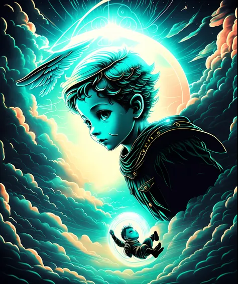 A boy floating upon the sky with an halo on his head