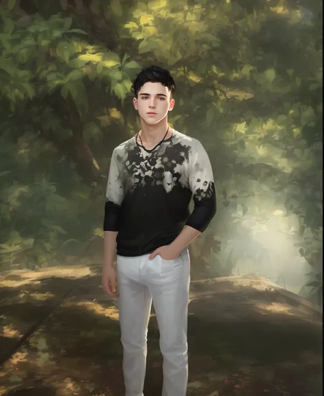 (Masterpiece: 1.2), best quality, ultra high resolution, 8k wallpaper unit, (illustration: 1.0), 23-year-old boy, tall, heterochromia, short black hair, muscular but not so much, white t-shirt and black pants