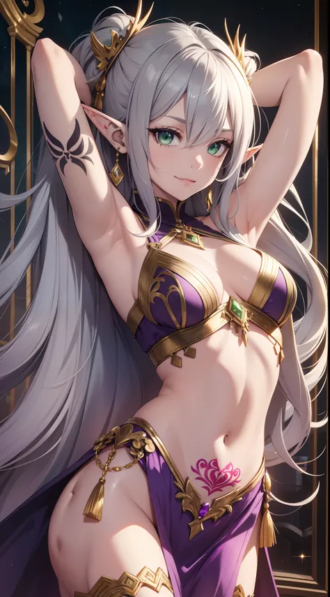 young girl, long gray hair, elf ears, Green eyes, smirk, tattoo, purple dress, Gold Elements, Sexy, Sleeveless, open breasts, flat chest, open belly, feet shoulder-width apart, hands behind head, Masterpiece, hiquality, 4k, HD, Good detail