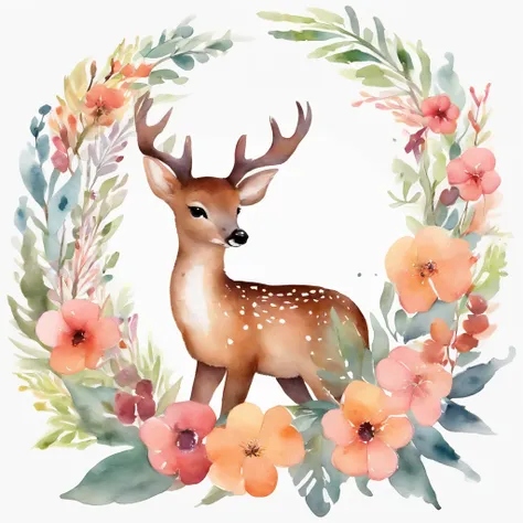 kawaii, High-quality illustration of a baby deer in a wreath, inspired by the artistic styles of Lois van Baarle and RossDraws. The scene should be captured in a natural outdoor setting, with soft sunlight filtering through the trees. Use a 135mm+ lens for...