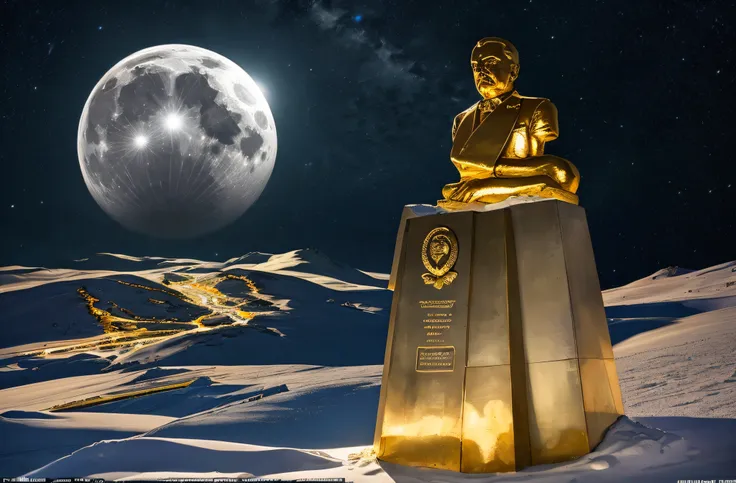 lenins statue made of solid 24 carat gold, glistening in the polar moonlight