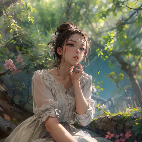 girl, sitting, side shot, (sky:1.3), (masterpiece, best quality, perspective, depth of field:1.5), flowers, rocky mountain, woods, beautiful face, thighs, from below, 8k, raw photo, absurdres, impressionism, (Tom Thomson, Claude Monet, Joaquín Sorolla, Jam...