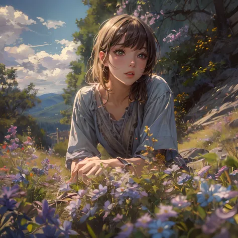 girl, sitting, side shot, (sky:1.3), (masterpiece, best quality, perspective, depth of field:1.5), flowers, rocky mountain, woods, beautiful face, thighs, from below, 8k, raw photo, absurdres, impressionism, (Tom Thomson, Claude Monet, Joaquín Sorolla, Jam...