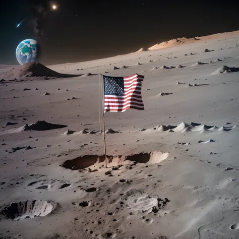 The American flag is planted on the moon, the flag is stuck on the moon, the flag is in tatters, empty outer space, the earth can be seen in the distance, many craters, the earth seen from the moon, space photography, This flag was once erected by Neil Arm...