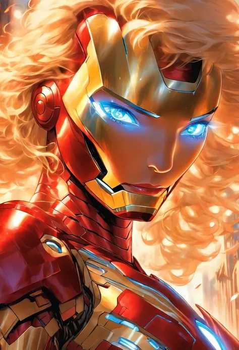 A beautiful woman, blonde with blue eyes, with the armor of Iron Man