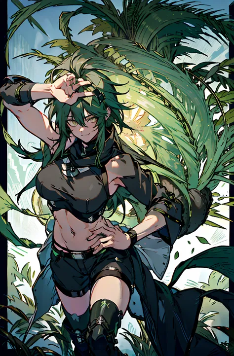 Pure sky，mechanical leg，Black mechanical legs，Plump legs，Green gem setting，Anime girl standing gracefully on the ground，Black cape and green hair, rogue anime girl, Anime girl standing, Wearing a cloak on the blasted plain, asuka suit under clothes!, Cybor...