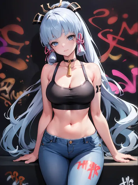 kamisato ayaka|genshin impact, master-piece, bestquality, 1girls,25 years old, proportional body, elongated legs, Beautiful, proportional., crop top, Long Jeans, gigantic breasts, ,bara, crop top, choker, (Graffiti:1.5), Splash with purple lightning patter...