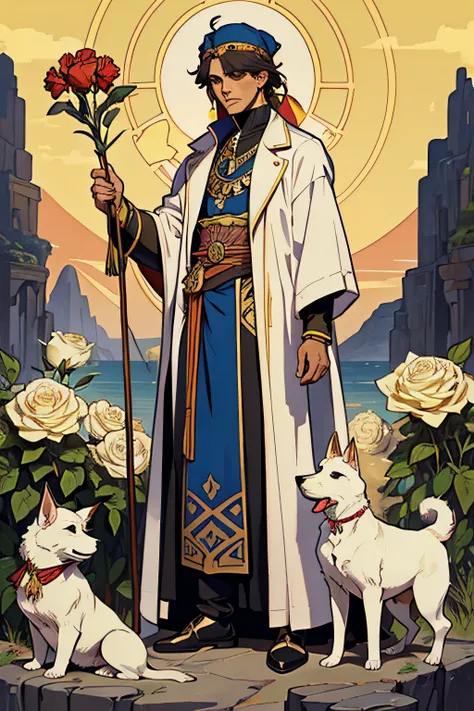 man, Egypt, Alphonse Mucha, Tarot cards, cliff, White Dog, Yellow sky, Blue Mountain, clown, Standing by the cliff., Red tassels on the head, Left hand holding a white rose.., Black coat, Black coat with yellow hibiscus pattern, Right hand holding a long s...