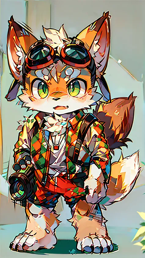 there is a drawing of a fox with goggles and a camera, furry character, fox mccloud, an anthro fox, furry fursona, fursona, furry furaffinity, fursona wearing stylish clothes, fox from league of legends chibi, fursona!!!!, an anthropomorphic fox, furry ani...