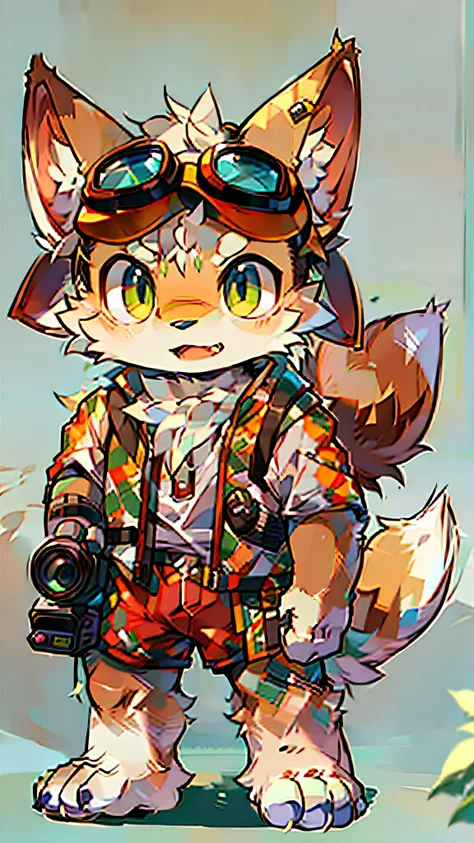 there is a drawing of a fox with goggles and a camera, furry character, fox mccloud, an anthro fox, furry fursona, fursona, furry furaffinity, fursona wearing stylish clothes, fox from league of legends chibi, fursona!!!!, an anthropomorphic fox, furry ani...