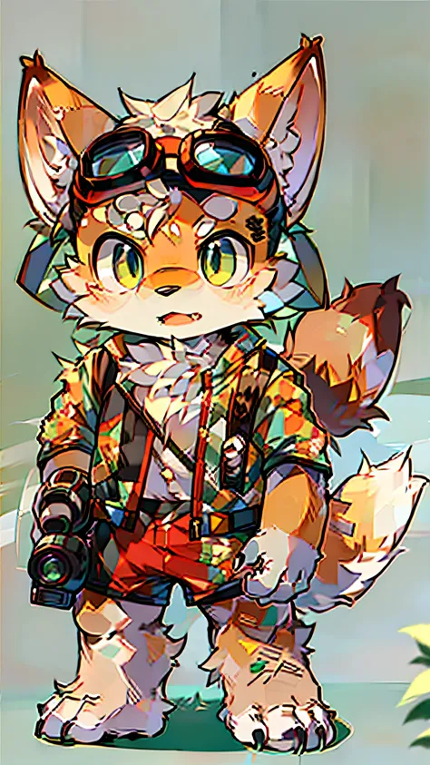 there is a drawing of a fox with goggles and a camera, furry character, fox mccloud, an anthro fox, furry fursona, fursona, furry furaffinity, fursona wearing stylish clothes, fox from league of legends chibi, fursona!!!!, an anthropomorphic fox, furry ani...