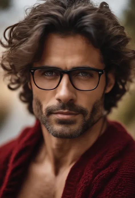 adulto masculino, 35 anos, olhos castanhos escuros, With eye Glasses, fino, without muscles, cabelos pretos, com sueter vermelho, looking in front of the camera, Realistic photo