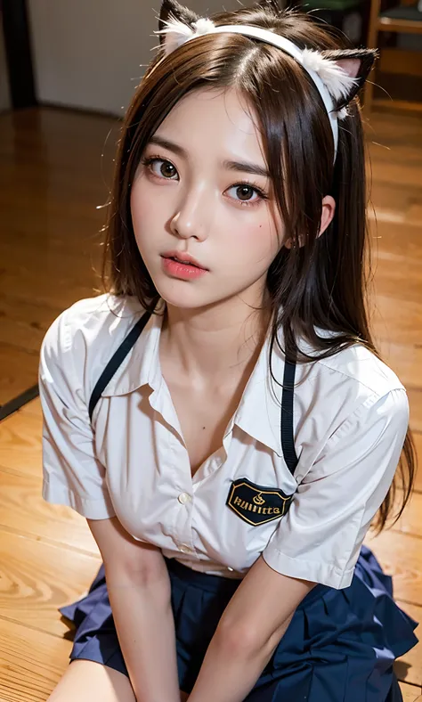 ULZZANG-6500-v1.1、(Raw photo:1.2)、(Photottorial、:1.4)、((Taking a picture of the camera from above、look up to、stares at the camera、Gazing from above with a camera、Take a photo from above))a beautiful detailed girl、extremely detailed eye and face、beatiful de...