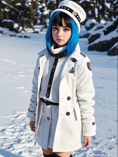 3D full body
Cool little girl with white seal hat with a cross on the right eye of the seal
Blue hair, blue eyes, sharp white eyelashes, exposed ears with five studs
A blue and white coat with a white scarf, a seal on his chest, a seal on his back, a black...