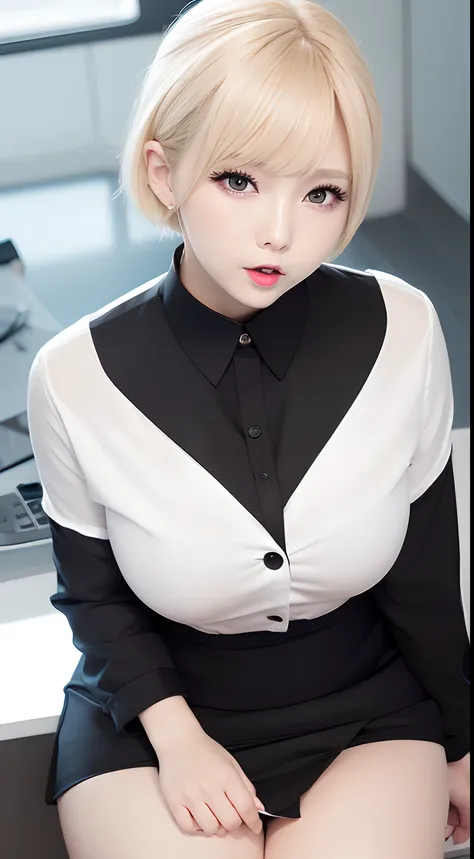 White silk jacket　Black tight skirt　韓国アイドル　a blond　Shorthair　red-lips　Orchan Makeup　A MILF　sweaty and shiny skin　Angry look　cute little　bbw　Whip whip　s Office　Woman sitting at desk　Photorealsitic　Despised　View from below