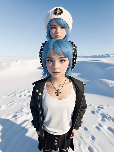 3D full body
Cool little girl with white seal hat with a cross on the right eye of the seal
Blue hair, blue eyes, sharp white eyelashes, exposed ears with five studs
A blue and white coat with a white scarf, a seal on his chest, a seal on his back, a black...