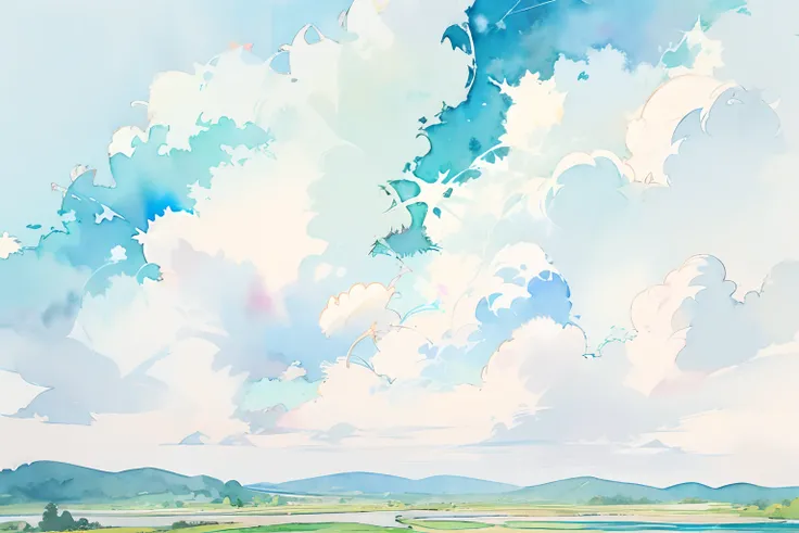 ((masutepiece)), (Professional Photography:1.2), (High Definition:1.3), Best Quality, (watercolor painting:1.3), wide shot, vivid blue sky, summer days, (simple white background:1.10), pale blue