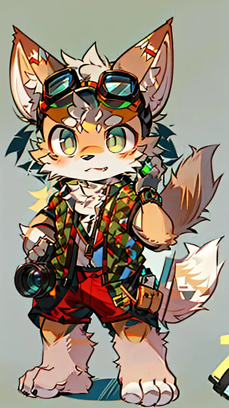 there is a drawing of a fox with goggles and a camera, furry character, fox mccloud, an anthro fox, furry fursona, fursona, furry furaffinity, fursona wearing stylish clothes, fox from league of legends chibi, fursona!!!!, an anthropomorphic fox, furry ani...