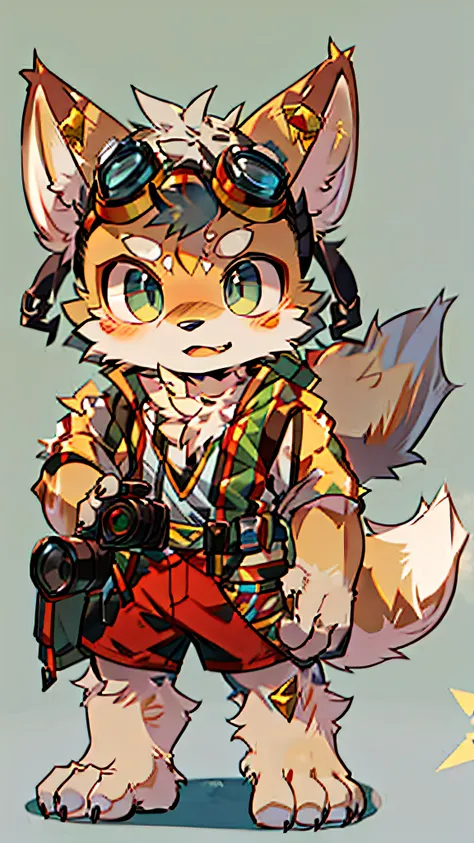 there is a drawing of a fox with goggles and a camera, furry character, fox mccloud, an anthro fox, furry fursona, fursona, furry furaffinity, fursona wearing stylish clothes, fox from league of legends chibi, fursona!!!!, an anthropomorphic fox, furry ani...