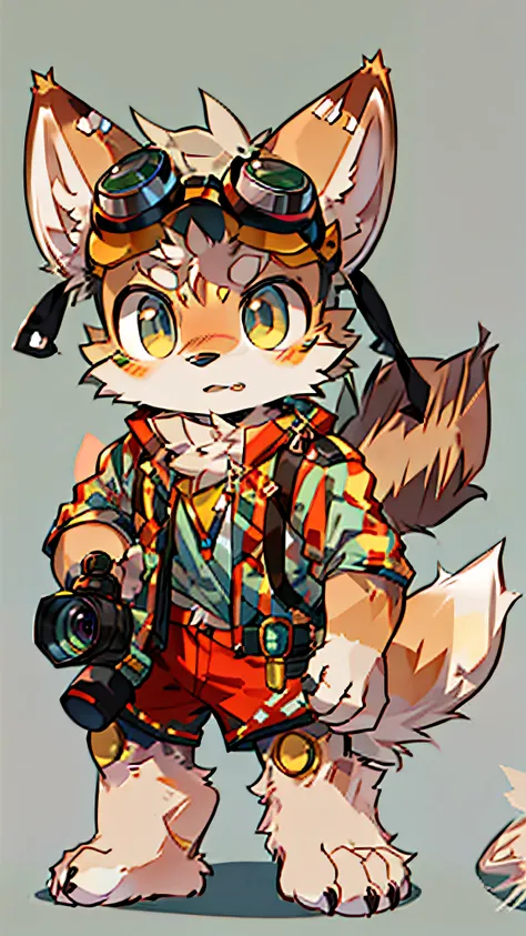 there is a drawing of a fox with goggles and a camera, furry character, fox mccloud, an anthro fox, furry fursona, fursona, furry furaffinity, fursona wearing stylish clothes, fox from league of legends chibi, fursona!!!!, an anthropomorphic fox, furry ani...