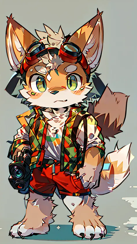 there is a drawing of a fox with goggles and a camera, furry character, fox mccloud, an anthro fox, furry fursona, fursona, furry furaffinity, fursona wearing stylish clothes, fox from league of legends chibi, fursona!!!!, an anthropomorphic fox, furry ani...