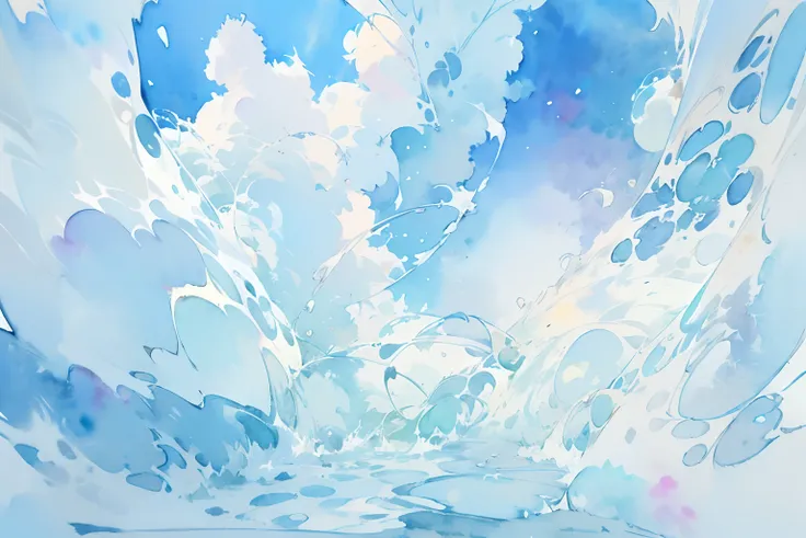 ((masutepiece)), (Professional Photography:1.2), (High Definition:1.3), Best Quality, (watercolor painting:1.3), from below, wide shot, vivid blue sky, (simple white background:1.10), pale blue fine ink splashing